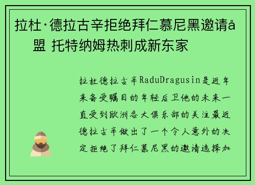 拉杜·德拉古辛拒绝拜仁慕尼黑邀请加盟 托特纳姆热刺成新东家 拉杜·德拉古辛拒绝拜仁慕尼黑邀请加盟 托特纳姆热刺成新东家